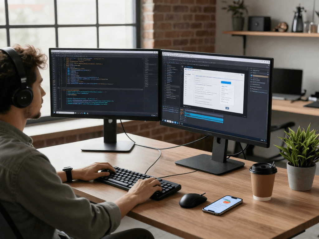 Développeur utilisant Atlas pro ontv dans un bureau moderne avec plusieurs écrans, inspirant la productivité.