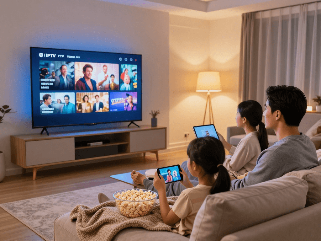 Atlas pro, famille profitant de films en streaming sur plusieurs appareils dans un salon confortable.