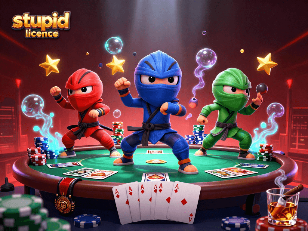 Action captivante autour de la licence stupid casino, illustrée par des personnages de casino en pleine action.
