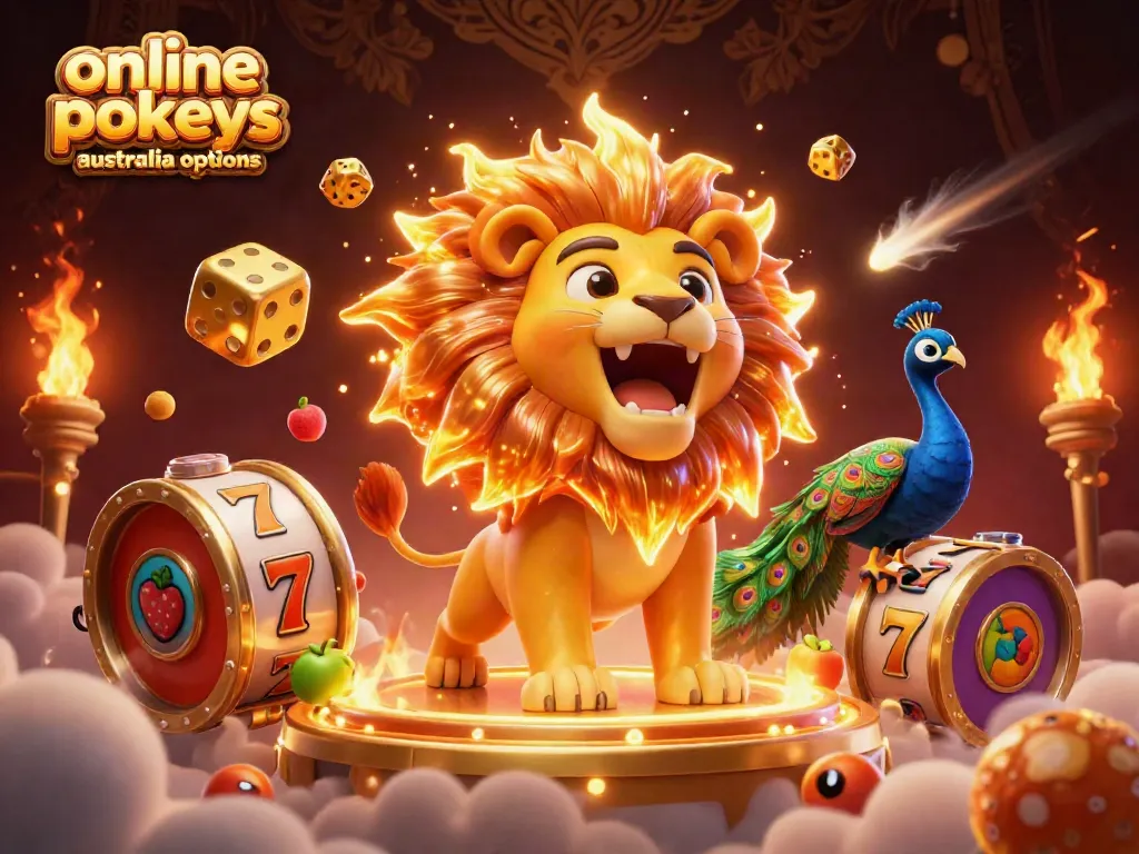 Engage with online pokies Australia options through a vibrant 3D illustration featuring a sun lion, golden dice and colorful slot machines.