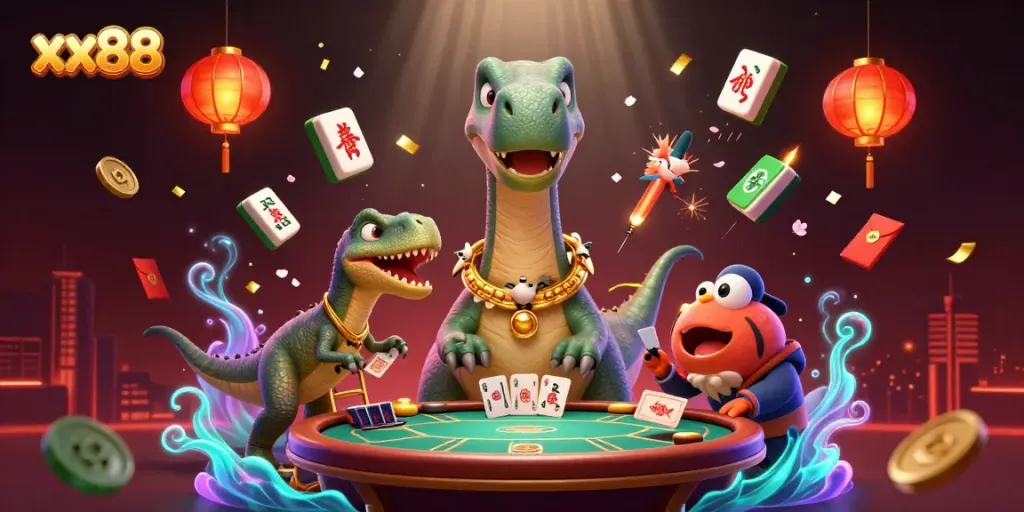Engage in gaming action with xx88 at a vibrant 3D casino scene featuring unique characters and dynamic elements.