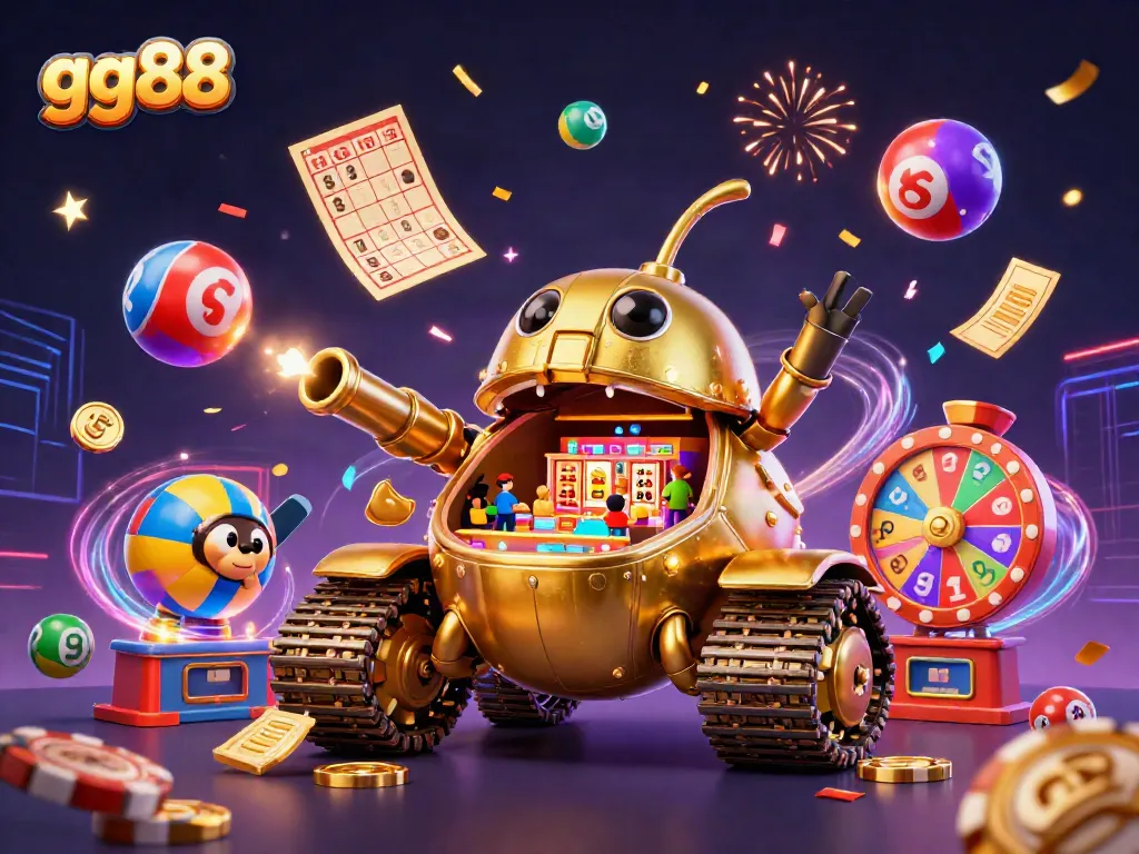 Engage with the vibrant casino world of gg88, featuring a golden beetle tank revealing a mini casino.