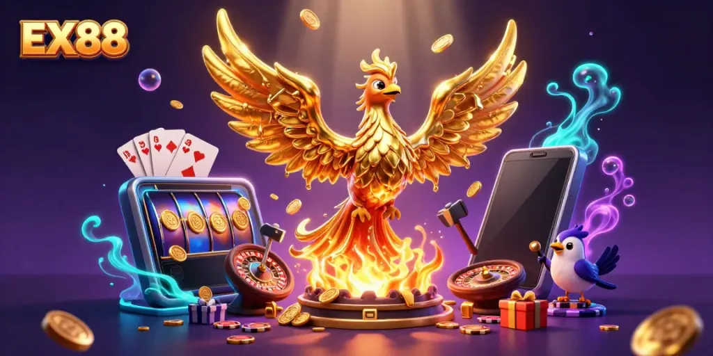 Experience thrilling gameplay with EX 88, where golden coins and magical phoenix create a vibrant casino atmosphere.