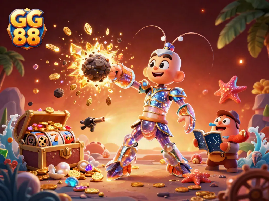 Experience excitement at GG 88 as the galactic samurai shrimp battles for treasure in a vibrant online casino scene.