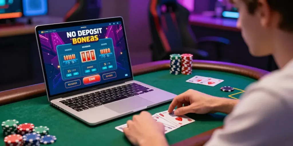 Scène captivante de joueur profitant d'un bonus sans dépôt casino avec ordinateur portable et accessoires de jeu.