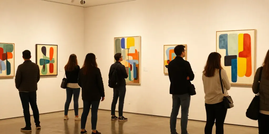 Visiteurs admirant des œuvres d'art abstrait contemporain dans une galerie locale.