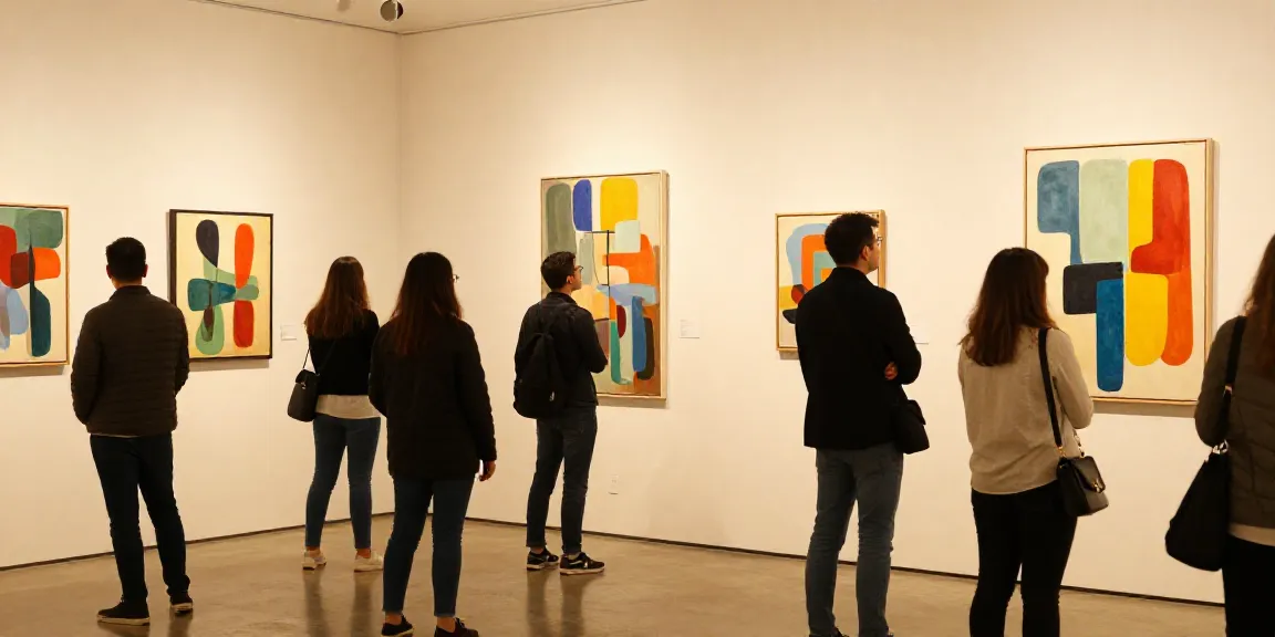 Visiteurs admirant des œuvres d'art abstrait contemporain dans une galerie locale.
