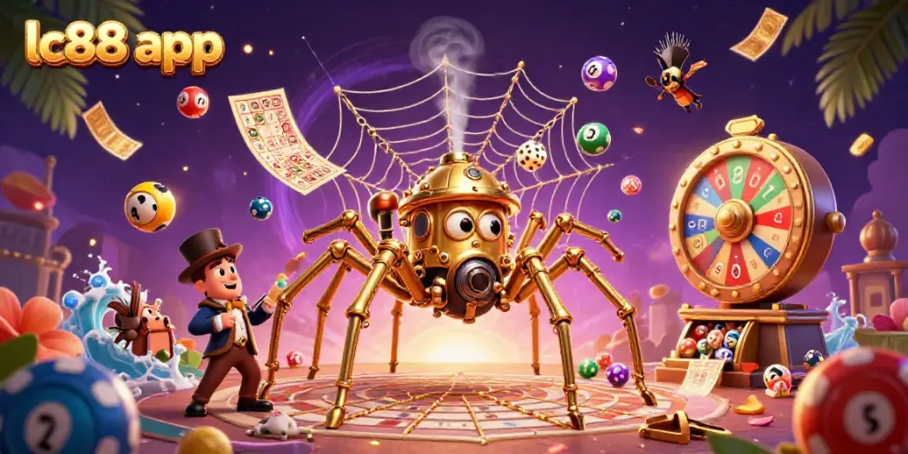 Engage with the lc88 app through an enchanting casino-themed 3D illustration featuring a golden spider and vibrant gaming elements.
