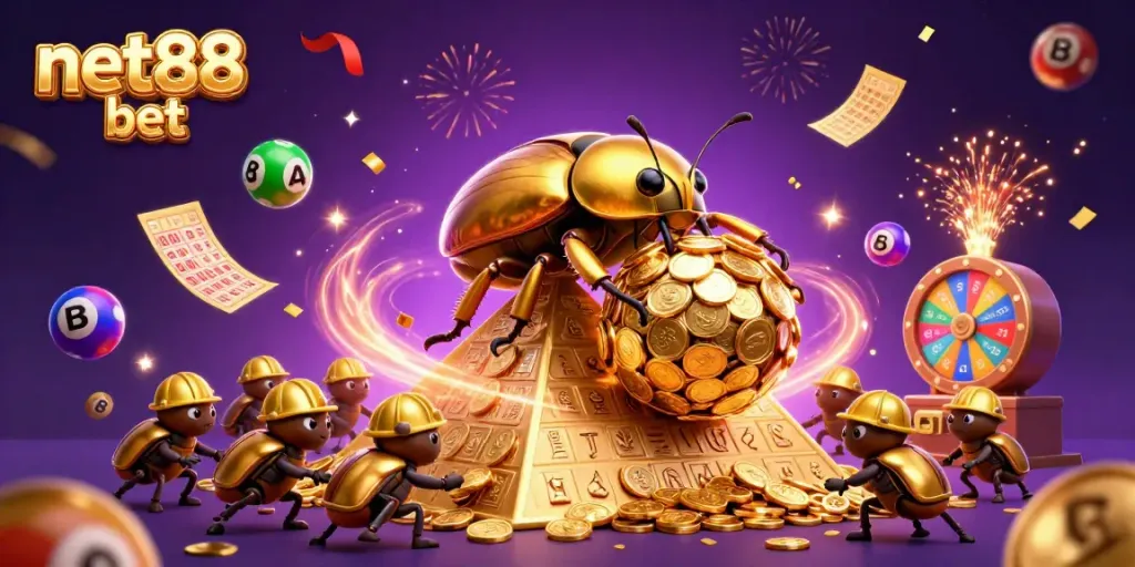 Experience the thrill of net88 bet with a lively scene of animated golden beetles and casino elements.