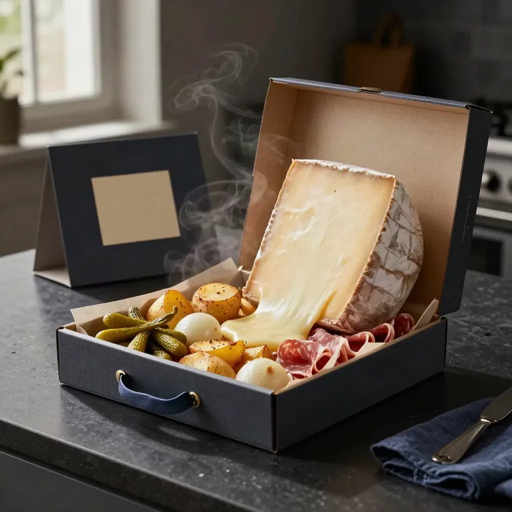 Coffret raclette ouvert avec fromage fondu, pommes de terre et charcuterie sur pierre sombre.