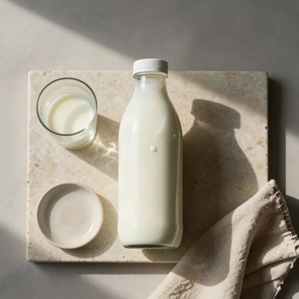 Bouteille de lait, verre rempli, soucoupe en céramique et linge plié sur travertin.