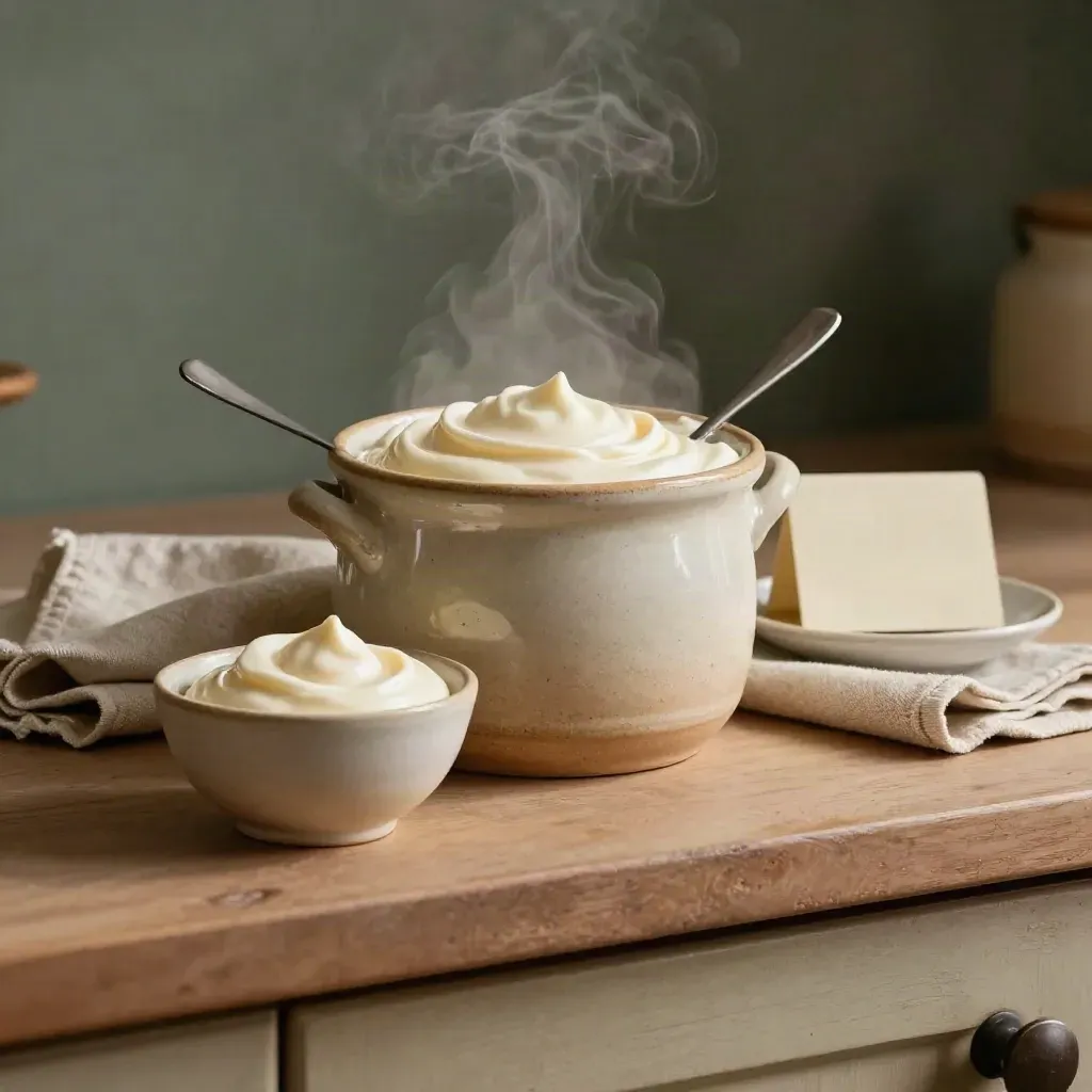 Crème épaisse fermière en grès avec cuillère, bol et linge de lin, lumière douce.