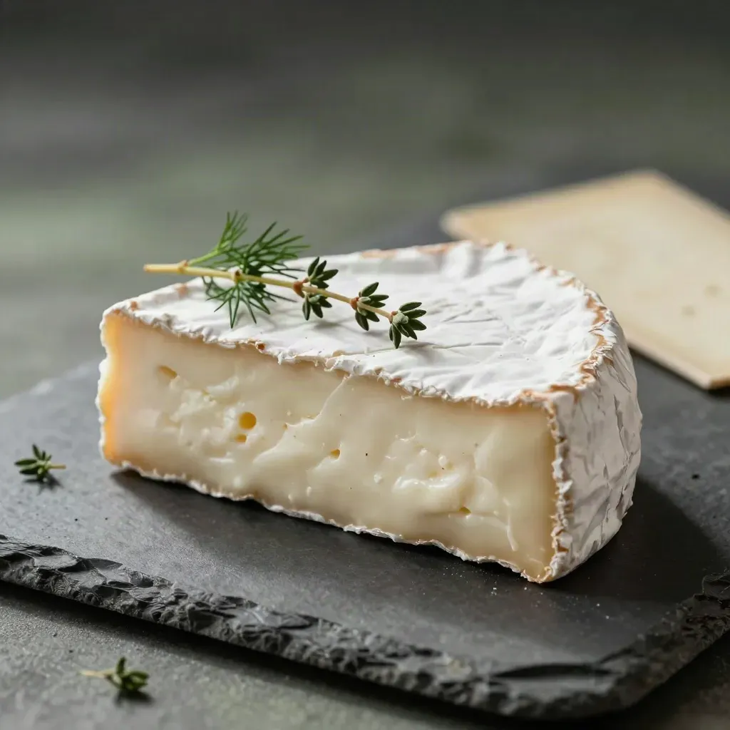 Macro d’un chèvre frais aux herbes, anneau d’aneth, lumière rasante, fond sombre.