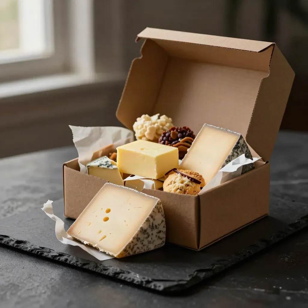 Coffret cadeau gourmand de fromages et beurre, ouvert sur une dalle sombre