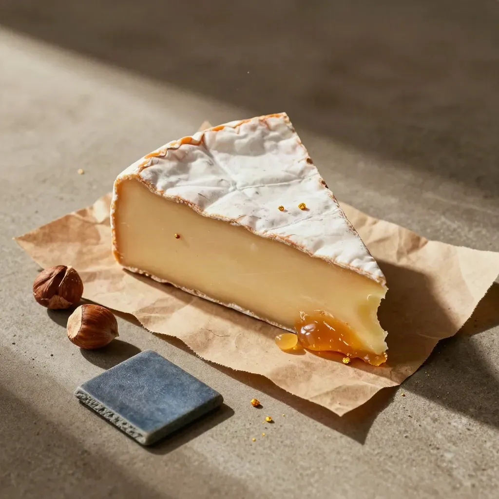 Vue du dessus d’une mimolette vieille en quartier avec miettes dorées, noisettes et papier brun.