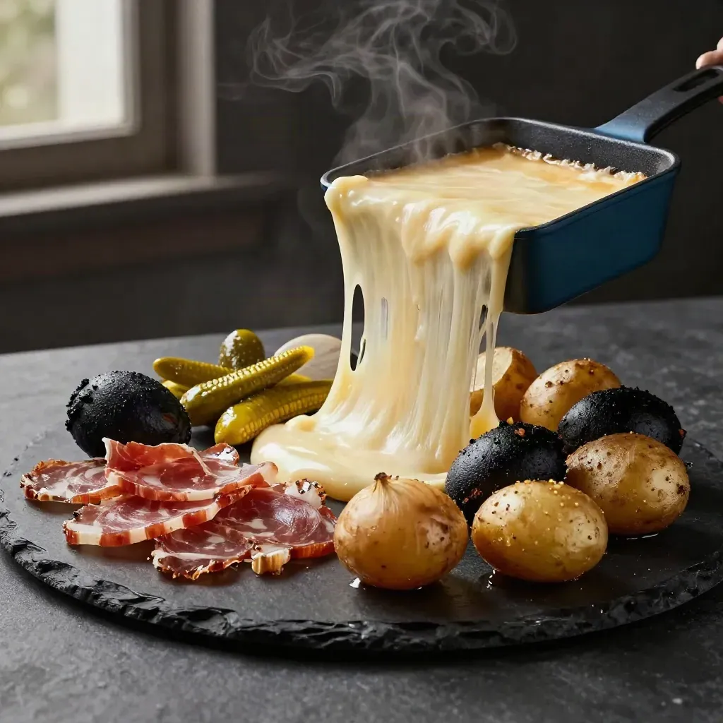 Grand plateau raclette fumant avec pommes de terre, charcuterie, cornichons et petits oignons.