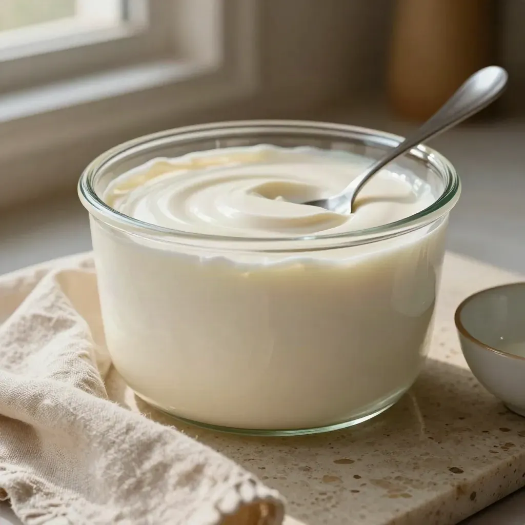 Pot de fromage blanc fermier en verre avec cuillère, linge clair et petit bol sur travertin.