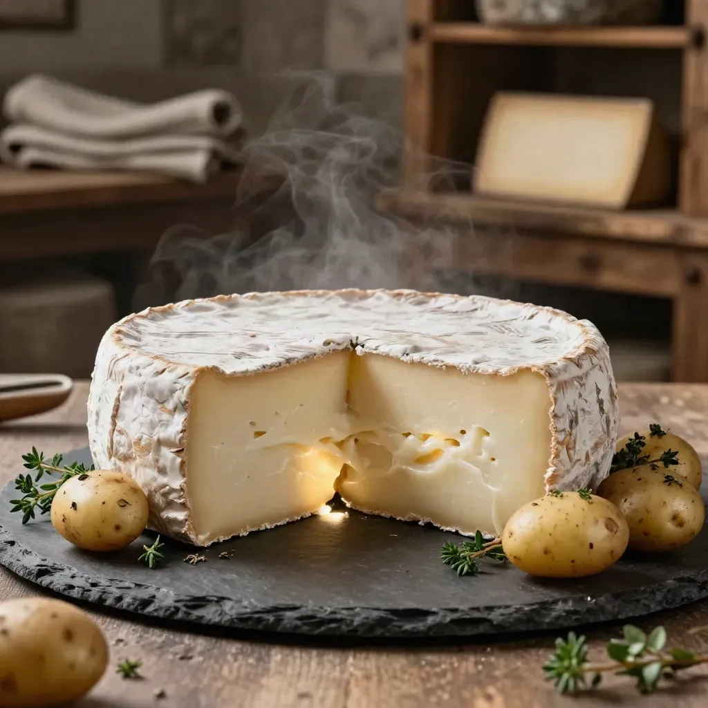 Reblochon de Savoie ouvert avec pommes de terre nouvelles et herbes sur ardoise, lumière dramatique.