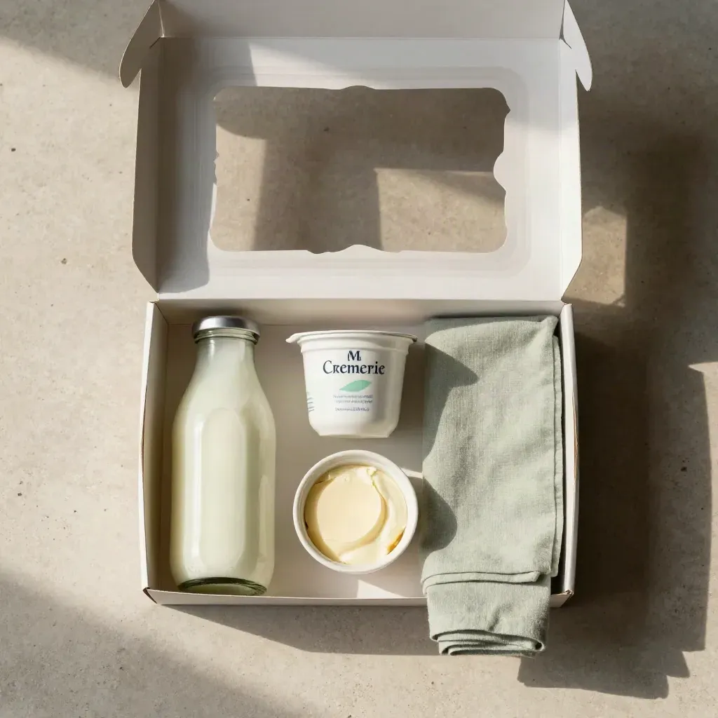 Coffret petit-déj laitier ouvert avec lait, yaourt, beurre, fromage blanc et serviette vert sauge.