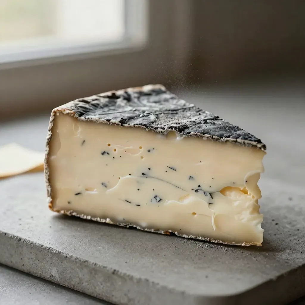 Gros plan d’une tome de chèvre cendrée, croûte sombre et pâte ivoire sur béton gris.