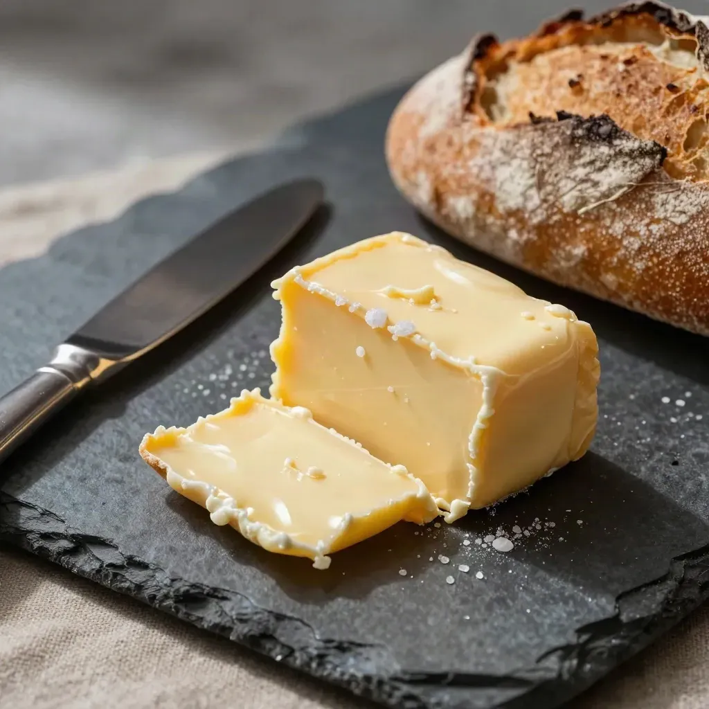 Beurre salé tranché avec cristaux de sel, couteau discret et pain de campagne sur pierre sombre.