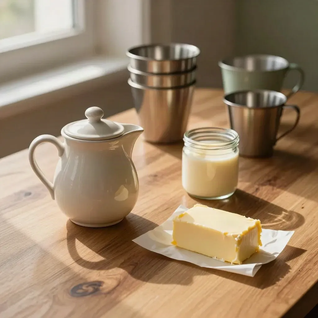 Gros plan d’un bois huilé avec pots de crème et de beurre flous, lumière chaude du haut gauche