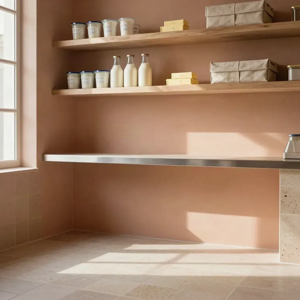 Intérieur d’une boutique laitière carrelée, étagères hautes et sol calme sous la lumière du matin.
