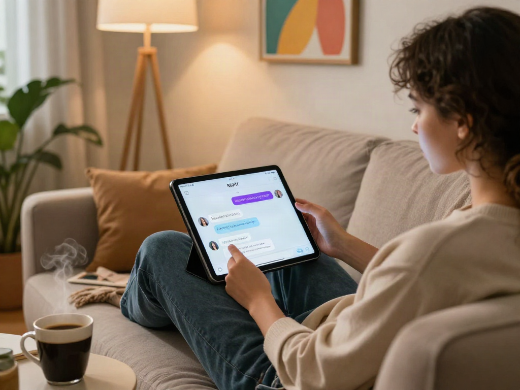 Engaging nsfw ai chat experience on a tablet in a cozy home setting.