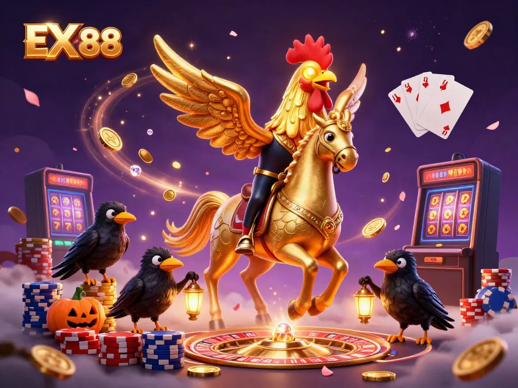 Experience the excitement of EX 88 with a vivid 3D casino scene featuring a golden rooster and festive elements.