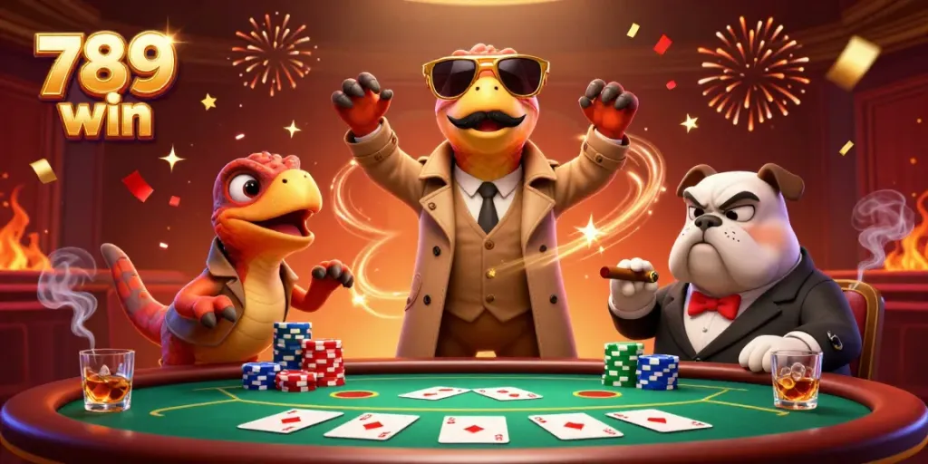 Experience thrilling gameplay at 789 win with cartoon raptors entering VIP casino, poker elements surrounding them.