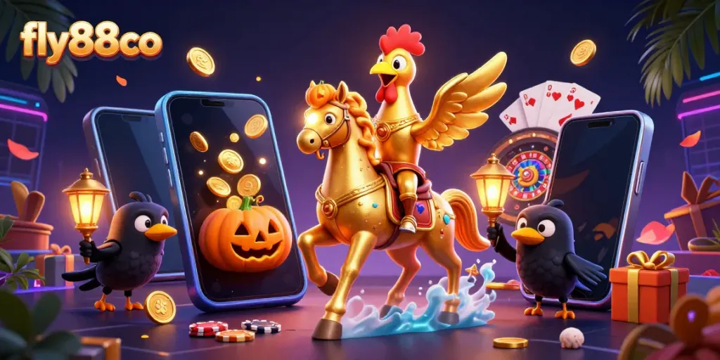 Experience the thrill of gaming at fly88co with a golden rooster navigating a casino atmosphere filled with excitement and vibrant elements.