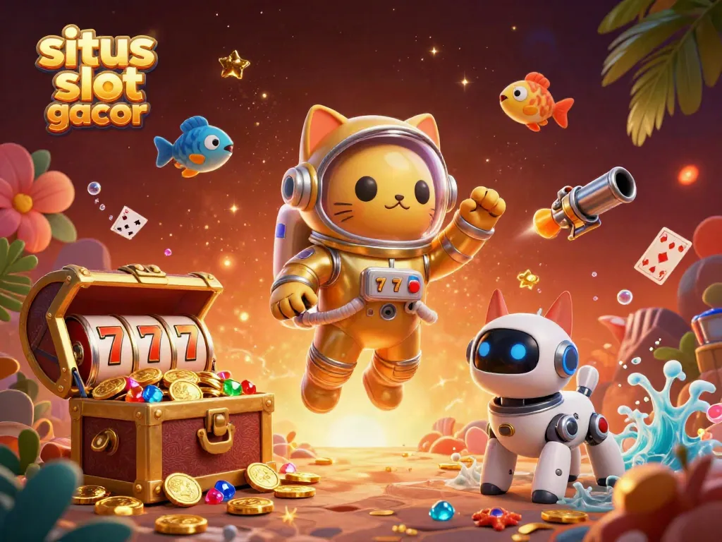 Engage in situs slot gacor excitement as the astronaut cat and robot dog float amidst vibrant casino elements.