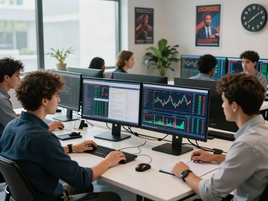 Couponeau.com : Traders analysant des données de marché sur leur plateforme de trading, ambiance dynamique et moderne.