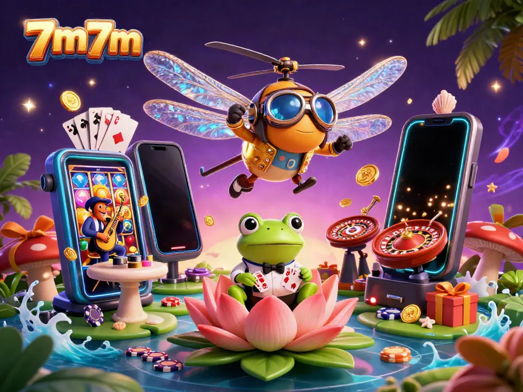 Engage with the thrilling atmosphere of 7m7m featuring a vibrant casino scene with dragonfly pilot and frog croupier.